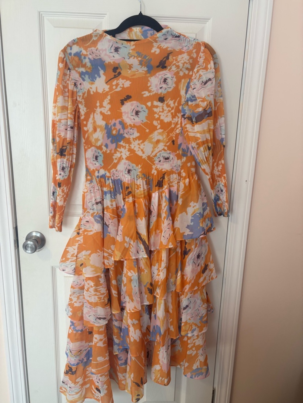 Floral Tiered Long Sleeve Midi Dress in Orange/yellow color